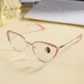 Trendy metal cat eye glasses frame with pink design, anti blue light photochromic detail view. - Pink Gold Frame / Photochromic Blue Light Blocking
