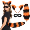 Set costume con orecchie di procione e coda soffusa per festa di Halloween e cosplay. - Set da 3 Pezzi Coda Grande Arancione (Fascia + Maschera + Coda Grande) / Arancione