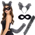 Halloween pelliccia sintetica orecchie di animale cerchietto maschera nera coda soffice. - Set da 3 Pezzi Lupo Grigio (Fascia + Maschera + Coda) / Grigio
