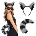 Set cerchietto con orecchie di animali in pelliccia sintetica e coda per festa di Halloween. - Set da 2 Pezzi Coda Grande Grigia (Fascia + Coda Grande)