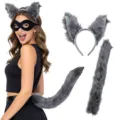 Set cerchietto con orecchie da animale in pelliccia sintetica grigia e coda soffice. - Set da 2 Pezzi Lupo Grigio (Fascia + Coda)