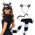 Set Costume Procione Grigio Nero Orecchie Cerchietto Maschera Coda per Festa Halloween - Set da 2 Pezzi Procione (Fascia + Coda)
