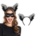 Cerchietto con orecchie da procione e lupo di peluche con maschera per festa di Halloween. - Set Fascia Orecchie da Lupo
