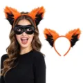 Cerchietto con orecchie di volpe procione di Halloween e maschera in satin nero per festa cos. - Fascia Arancione e Nera (Singola)