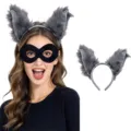 Cerchietto per capelli con orecchie di animale pelose grigie e maschera nera, accessorio. - Fascia Grigia (Singola)