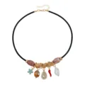 Amerikanische Vintage Choker Halskette mit Lederband und bunten Anhängern im Mix. - Schwarz Rosa Perle Stil (ZW1334-5)