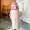 Pink dual drink insulated water bottle with pop lid, portable stainless steel thermos cup. - 500ml / Pink