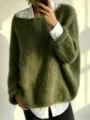 Detail shot of cozy oversized mohair knit sweater in olive green paired with white shirt. - S / Tops / Olive Green