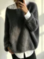 Cozy grey mohair knit sweater detail, loose pullover style with white shirt layered. - S / Tops / Dark Gray