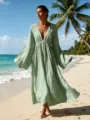 Schickes langarm V-Ausschnitt Urlaub Maxikleid in hellgrün, eleganter loser Strandstil. - Salbeigrün