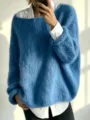 Blue mohair knit sweater detail, loose lazy style pullover top with white shirt layer. - Teal