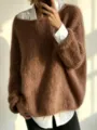 Detailed view of the cozy loose mohair knit sweater layered with white shirt for women. - Brown