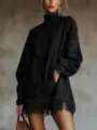 Schwarzes hochgeschlossenes Wildleder Fransen Langarm Kleid Variante stylisches Oberteil. - Schwarz