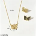 Gold butterfly necklace and earrings jewelry set with honeycomb texture, elegant chain. - Necklace and Earrings Set / Gold