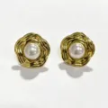 Gold-plated stainless steel pearl flower stud earrings, elegant French vintage jewelry design. - Flower Shape / Gold