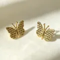Gold butterfly stud earrings with honeycomb wing texture elegant jewelry for women 1pc - Stud Earrings / Gold