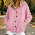Pink knitted hooded cardigan for women, casual autumn long sleeve sweater with buttons. - Pink