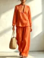 Orange linen style long sleeve V-neck top wide leg pants set for women casual chic outfit - Orange Red