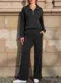 Women casual half zip sweatshirt and wide leg pants two piece set detail view, black color - S / Top And Bottom / Black