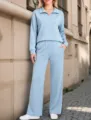 Women solid color half-zip long sleeve sweatshirt and wide leg pants casual two piece set. - S / Top And Bottom / Light Blue