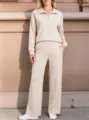 Details of women autumn winter half zip pullover top and wide leg pants lounge set. - Apricot
