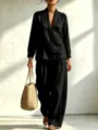Black two piece long sleeve V neck shirt and wide leg pants set for women detail view. - S / Top And Bottom / Black