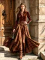 Retro brown velvet long sleeve top paired with plaid maxi skirt, stylish belt and boots detail. - XS / Dresses / Dark Brown