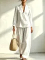 Casual chic white long sleeve V-neck top and wide leg pants two-piece set styling detail. - S / Top And Bottom / Milky White
