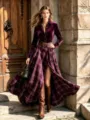 Stunning velvet and plaid long dress detail, featuring a stylish belt and elegant maxi skirt. - XS / Dresses / Purple
