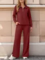 Detailed view of the maroon half-zip top and wide-leg pants set, casual autumn style. - S / Top And Bottom / Burgundy