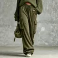 Olive green loose cargo sweatpants for women, casual streetwear drawstring wide leg pants - XS / Bottoms / Olive Green
