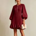 Burgundy crew neck balloon sleeve dress with flower buttons and ruffle hem for women - S / Burgundy