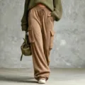 Casual loose khaki cargo sweatpants for women, vintage wide-leg drawstring trousers. - XS / Bottoms / Camel