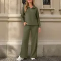 Women olive green quarter-zip top wide leg pants casual two piece outfit autumn set - S / Top And Bottom / Olive