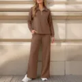 Stylish Women Autumn Winter Half Zip Long Sleeve Top And Wide Leg Pants Casual Two Piece Set - Brown