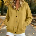 Women fall solid color knit hooded cardigan sweater with buttons and pockets for daily wear. - Yellow
