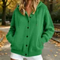 Women Green Knit Hooded Cardigan Sweater Autumn Casual Long Sleeve Button Up Outerwear Tops - Green