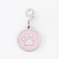 Close-up detail of the pink enamel dog paw pendant with lobster clasp and stainless steel. - Dog Paw Round Pendant / Silver Rim Pink Enamel With 18mm Alloy Lobster Clasp