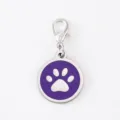 Stainless steel dog paw pendant charm with lobster clasp, purple enamel detail for pets. - Dog Paw Round Pendant / Silver Rim Purple Enamel With 18mm Alloy Lobster Clasp