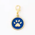 Gold lobster clasp blue enamel dog paw pendant detail view, metal DIY pet ID tag charm. - Dog Paw Round Pendant / Gold Rim Blue Enamel With 18mm Alloy Lobster Clasp