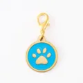 Close-up detail of the gold lobster clasp and blue enamel dog paw print pendant charm. - Dog Paw Round Pendant / Gold Rim Light Blue Enamel With 18mm Alloy Lobster Clasp