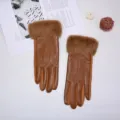Women's winter warm gloves, brown leather touch screen gloves with plush cuffs for outdoor use. - One Size / Caramel color