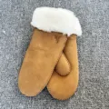 Brown winter warm sheepskin mittens with white shearling trim, windproof cold-resistant gloves. - One Size / Chestnut