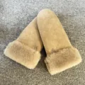 Winter warm sheepskin shearling mittens for women windproof plush suede snow gloves cozy - One Size / Off White