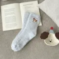 Light blue fuzzy coral fleece warm winter socks with cute puppy patch for indoor sleeping use - One Size / Blue