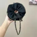 Bolso scrunchie de satén negro con estampado de leopardo estilo vintage chic moda - Coletero Lazo Cinta Corazón Leopardo Claro
