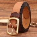 Ceinture en cuir de vachette vintage pour homme avec boucle ardillon style rétro. - Boucle en Cuivre 34932 / Kaki / 105cm