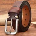 Ceinture homme en cuir véritable vintage avec boucle ardillon en métal, lanière marron. - 105cm / Brun Rouge