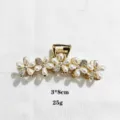 Gold pearl rhinestone hair claw clip, elegant flower metal hair accessory for women, 3x8cm. - Gold
