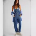 Women casual washed loose denim overalls with multi pockets, stylish blue denim bib trousers. - S / Dark Blue